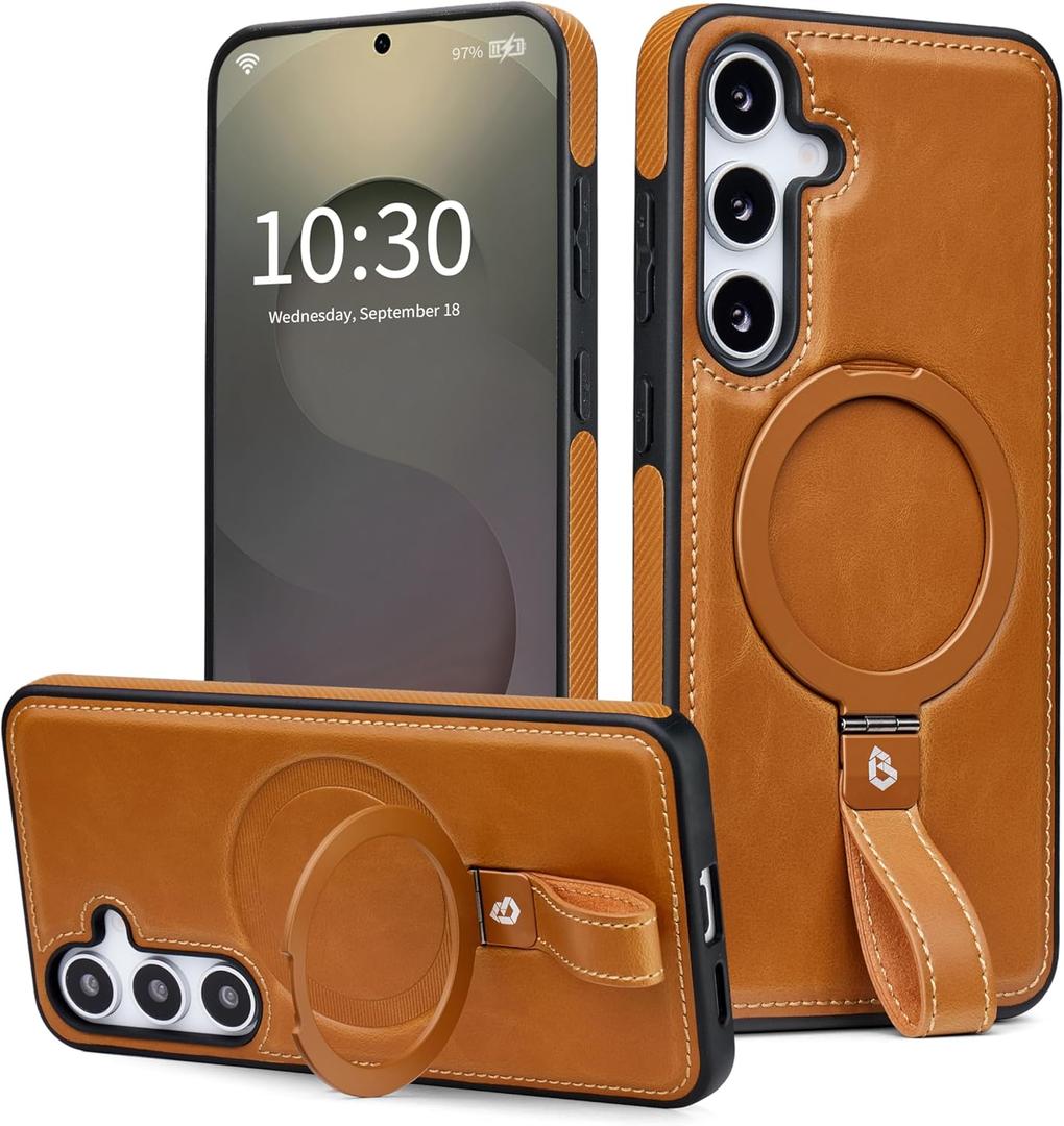 for Samsung Galaxy S25 Plus and S24 Plus Leather Case with Stand, Anti-Slip Grip Ring, Fits for MagSafe (Brown, S25 Plus/S24 Plus-6.7inch)