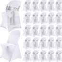 Lounsweer 50 Pcs Folding Chair Cover Set with 25 Stretch Spandex Slipcovers 25 Satin Chair Sashes Bows Ribbon Washable Banquet Protector for Wedding Event Party(White, Silver)