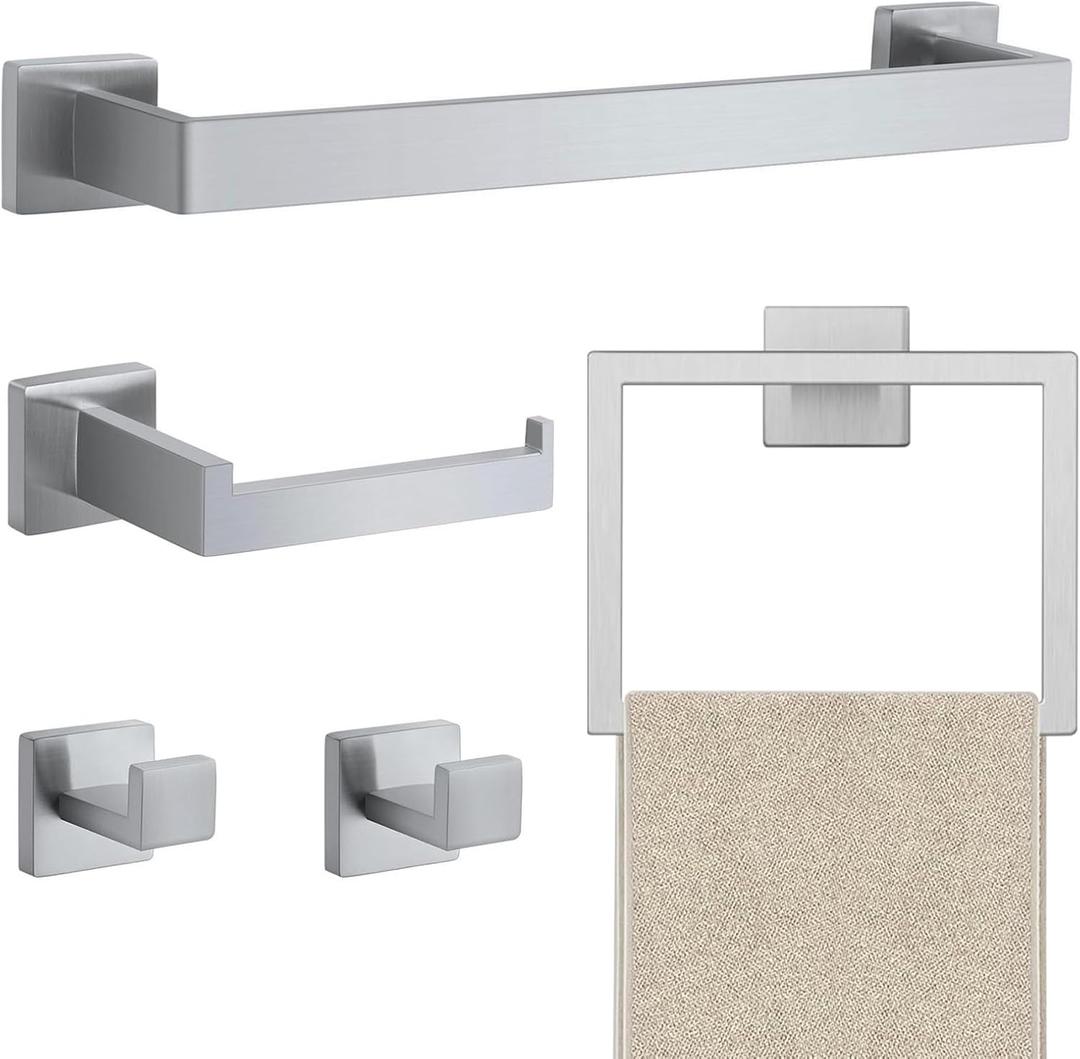 JOPOFI 5 Piece Bathroom Towel Bar Set - SUS304 Stainless Steel Bath Towel Holder, 15.7 Inch Towel Racks for Bathroom Wall Mounted, Bathroom Hardware Accessories Set - Brushed Nickel