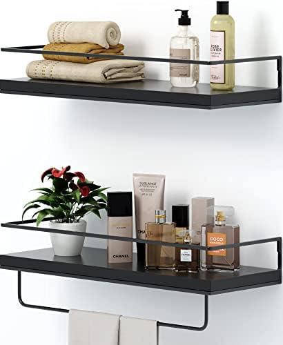 SHARIO Black Wood Floating Shelves - Set of 2, Wall Mounted Hanging Shelves with Black Towel Rack, Decorative Storage Shelves for Bathroom, Kitchen, Living Room & Bedroom