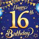 KatchOn, XtraLarge Blue and Gold Happy 16th Birthday Banner - 72x44 Inch | 16th Backdrop for Happy Birthday Decorations | Blue and Gold Party Decorations