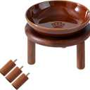 Elevated Ceramic Paw Print Cat Dish, Wide Whisker Friendly Anti-Slip Food & Water Bowl with 2 Heights Adjustable Acacia Wooden Stand for Cats (1 Dish + 1 Stand, Caramel Brown)