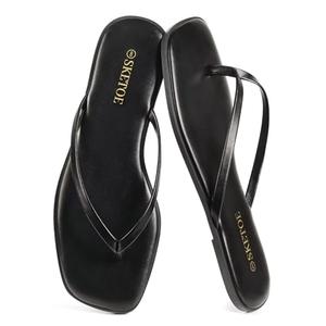 SKETOE Flip Flops for Women Square Toe Flat Sandals for Women Comfortable Thong Sandals Leather Flip Flops Lightweight Summer Beach Sandals Dressy Vacation Essentials Slides, Black 5.5