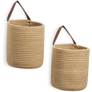 DULLEMELO Small Jute Hanging Basket 2 Pack - 7"D x 8"H, Woven Storage Basket With Leather Handle, Wall Decor Plants