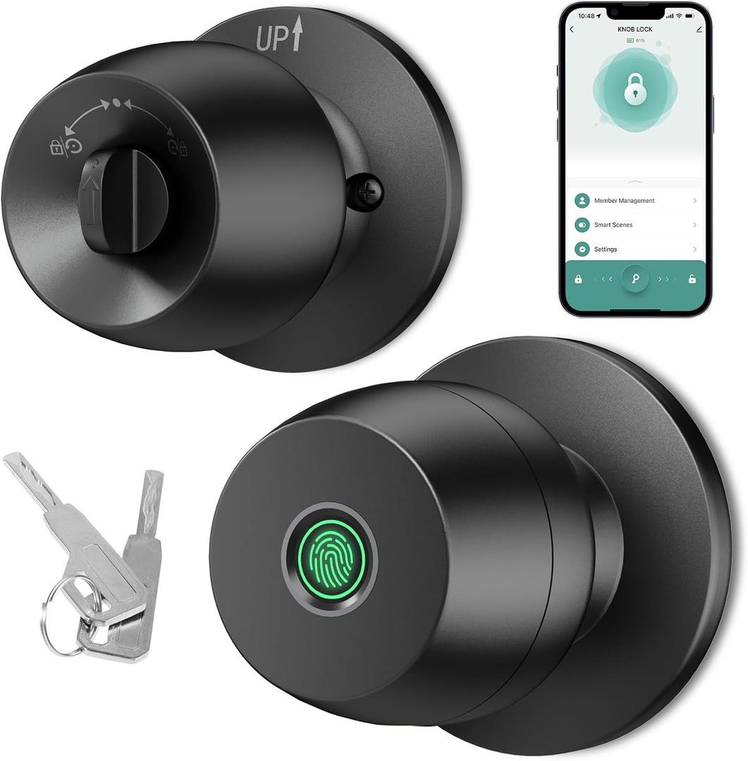Fingerprint door knob, smart door knob, intelligent biometric fingerprint door lock, keyless entry, controllable via app, suitable for bedrooms, storage rooms, apartments, offices, hotels (black)