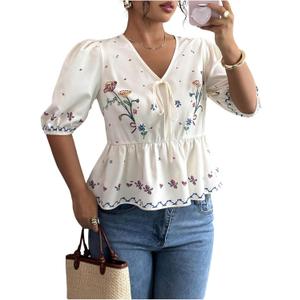 SOLY HUX Women's Floral Print Tie Front V Neck Summer Peplum Blouse Half Sleeve Boho Babydoll Shirt Tops (Large)