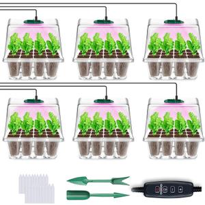YAUNGEL Seed Starter Tray with Grow Light, 6 Pack Seed Starter Kit with Timing Controller Adjustable Brightness, Thicken Seedling Starter Trays with Humidity Domes Heightened Lids, Transparent