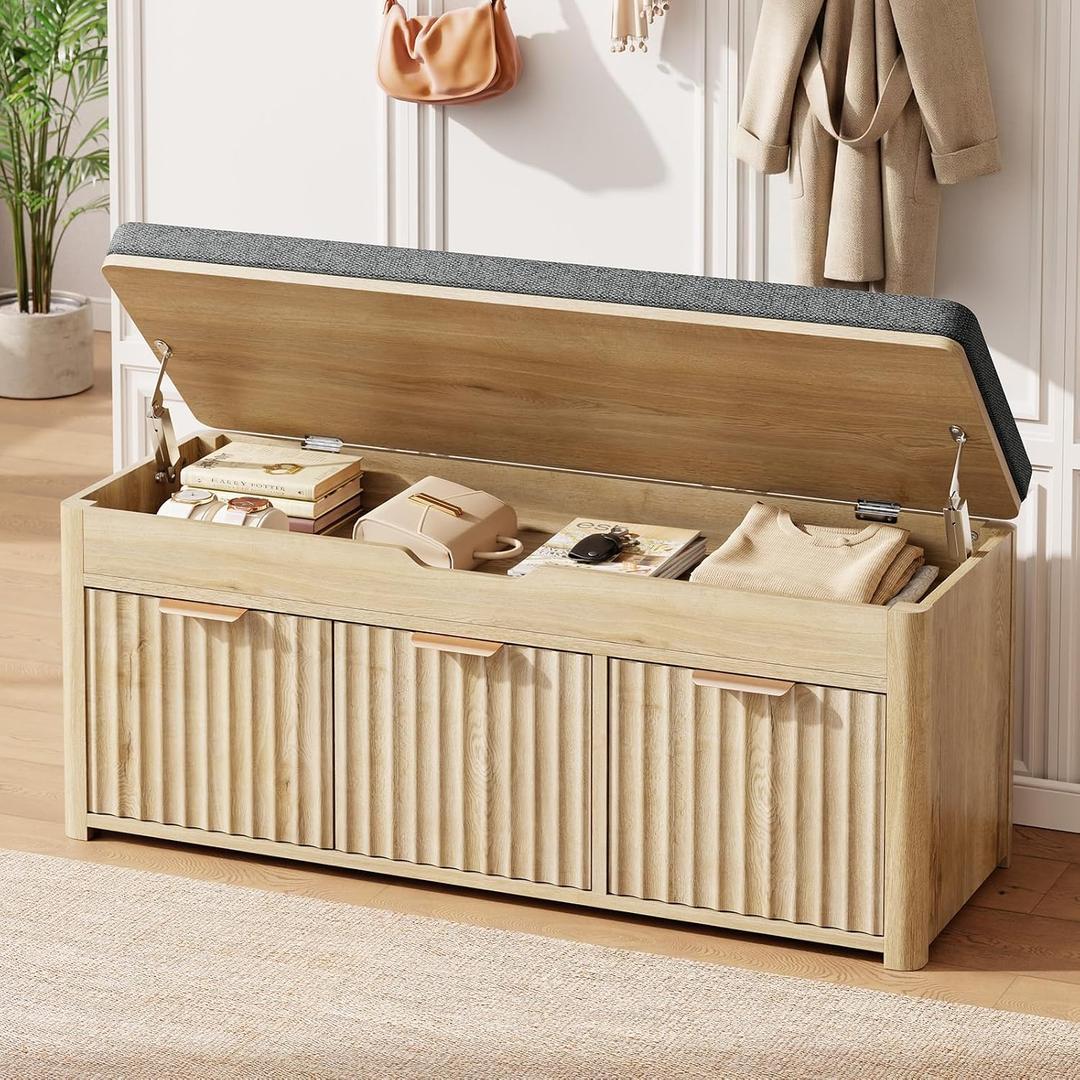 37.4" W Shoe Bench with Storage, Lift Top Entryway Bench, Natural, 37.4"Wx14.2"Dx18.1"H