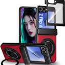 for Samsung Galaxy Z Flip 6 Case with Screen Protector, Hinge Protection Phone Case for Z Flip 6, with Mag-Safe, 360 Rotating Ring Holder, Hard PC Shockproof Full Body Protective Cover (Red)
