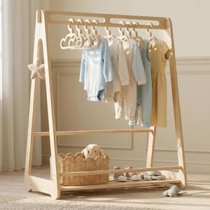 Kids Clothing Rack with 6 Hangers - Wooden Montessori Toddler Clothes Rack