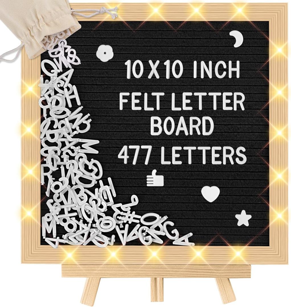 10 x 10 in Felt Letter Board with LED Lights,Changeable Message Board with Wooden Frame and Wall Mount Hook,Letter Board with 477 Letters for Pregnancy Announcement/Baby/Celebration/Home Decor(Black)