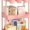 JIUYOTREE 3-Tier Plastic Rolling Storage Cart Utility Cart with Extra Hanging Cups Handles Lockable Wheels for Living Room Bathroom Kitchen Office Pink