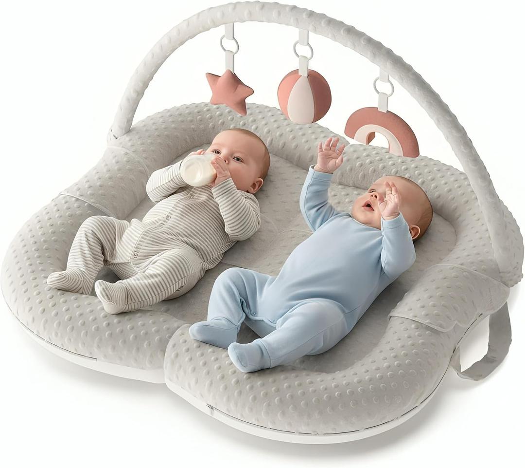 Twins Baby Play Mats for Floor Activity Gym - 5-in-1 Support Cushion Baby Play Mat Tummy Time Mat for Supervised Bonding with Arch, Plush Toys, Flashcards & Developmental Book - Grey