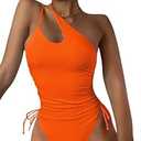 Lilosy Sexy Shoulder Tummy Control One Piece Swimsuit Ruched High Cut Leg Rise Bikini Cutout Thong Cheeky Brazilian Bathing Suit Women Drawstring String Tie Side Monokini Neon Orange X-Large