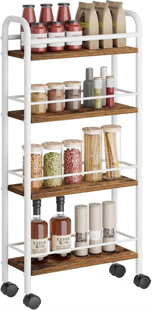 Asgolion Slim Storage Cart, 4-Tier Small Rolling Cart with Wheels, 8.5" Deep, Narrow Bathroom Shelf Trolley for Kitchen, Bathroom, Laundry Room, White Medium 4-Tier (8.5" W x34.7 H) White