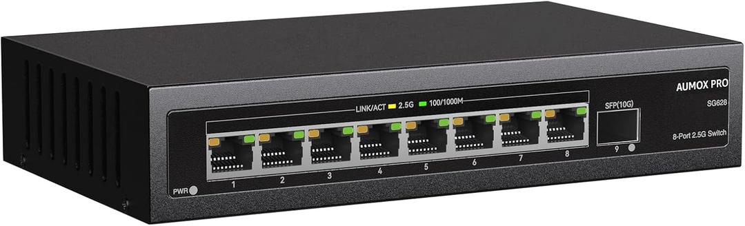 9 Port 2.5Gb Unmanaged Ethernet Switch with 8* 2.5G+ 1*10G SFP Ports, 60 Gbps Switching Capacity Compatible with 100/1000/2500Mbps Plug and Play