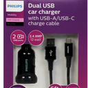 Phillips Dual USB Car Charger With USB A/USB C Charge Cable