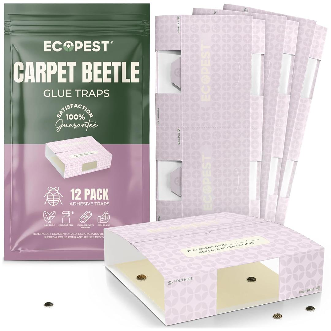 Carpet Beetle Traps – 12 Pack | Sticky Indoor Glue Boards for Carpet Beetles, Larvae & Other Crawling Insects | Non Toxic Pest Control Trap & Monitor for Closets, Storage Areas, and More