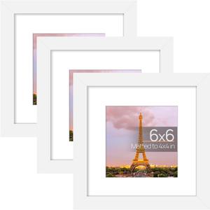 upsimples 6x6 Picture Frame Set of 3, Made of High Definition Glass for 4x4 with Mat or 6x6 Without Mat, Wall and Tabletop Display Photo Frames, White