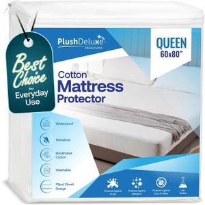 PlushDeluxe Queen Mattress Protector, Breathable Soft Terry Cotton Fitted Sheet Bed Cover with Deep Stretchable Pockets, 100% Waterproof, Noiseless, Hypoallergenic, Dust Mite Proof, 60"x80"x15"