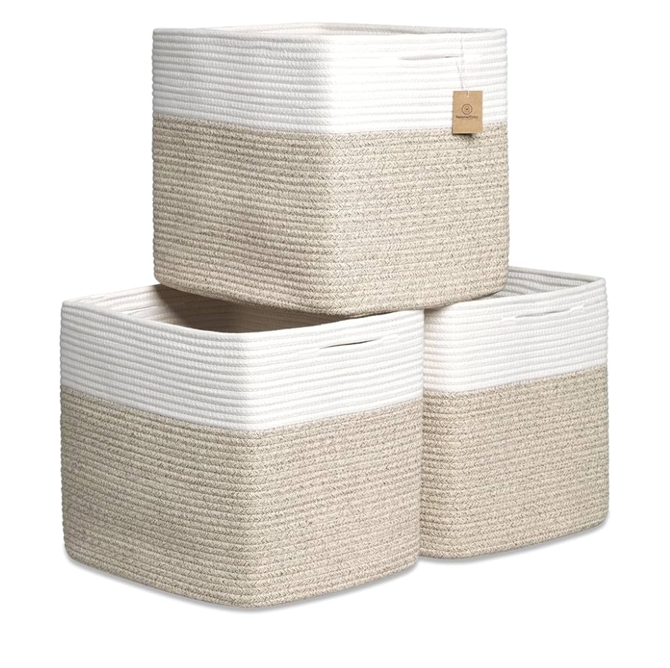 NaturalCozy 13x15x13 Kallax Storage Cubes Bins, 3 Pack | Cotton Rope Cube Storage Bin Woven Baskets for Organizing | Kallax Insert Storage Baskets for Shelves Organizer, Kids Toy, Closet Baby Nursery