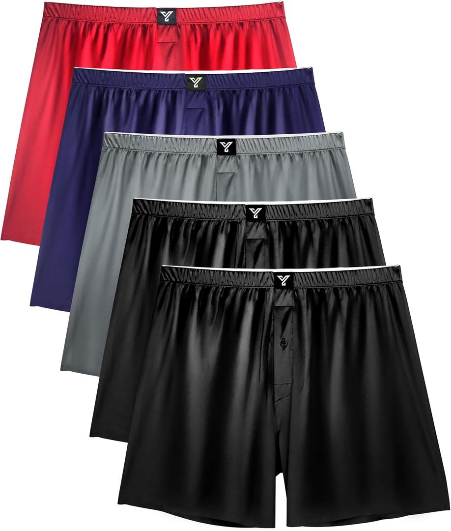 YESWEL Satin Boxers for Men 5 Pack, Silk Boxer Briefs Shorts with Button Fly, Breathable Loose Men's Underwear for Sleep Multicolor L