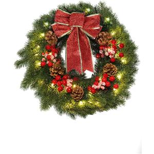MorTime 16 Inches LED Christmas Wreath with Pinecones Red Berries, Red Bowknot Lighted Christmas Wreath with 40 LED Warm White Lights for Winter Holidays Home Decoration