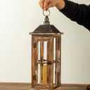 Large Farmhouse Wooden Decorative Lantern Set of 2, Rustic Distressed Brown Burnt Wood Floor Candle Lanterns, Indoor/Outdoor Hanging Lanterns for Home Decor (No Glass)