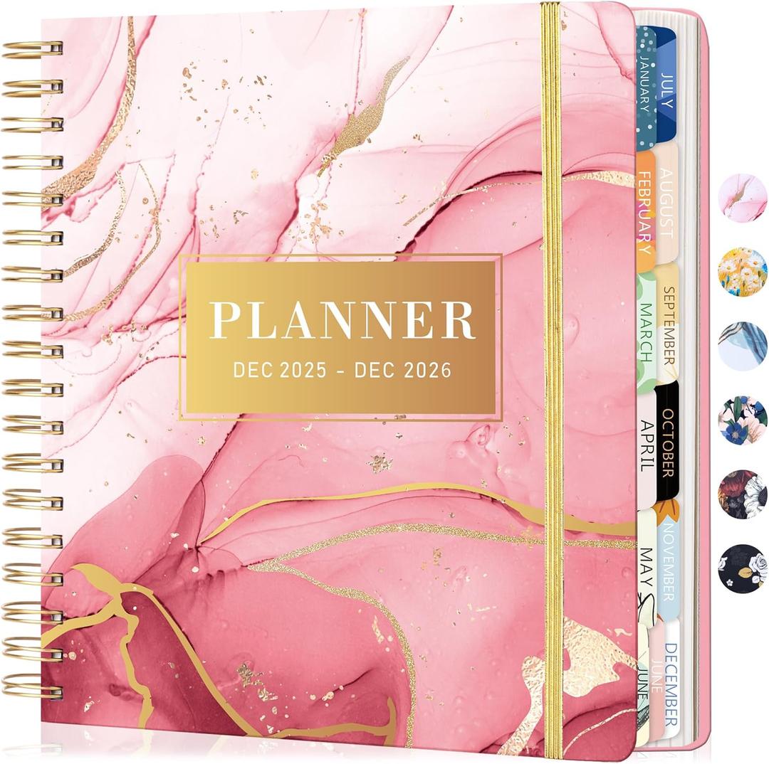CAGIE 2026 Planner Weekly and Monthly Dec 2025Dec 2026 Hardcover Planner with Pockets, 13 Month Large Pink Marble Calendar Planner with Stickers Tabs, Spiral Bound Yearly Calendar Planner for Women, 8.3" x 9.3"