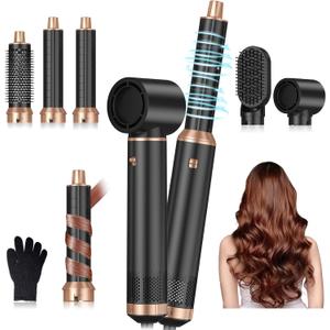 5 in 1 Blow Dryer Brush, Upgrade Hair Dryer Brush Air Curler Air Curling Wrap Styler, Detachable Hot Air Brush Negative Ion Curling Brush Iron, Hair Styling Tools for Drying Curling Straightening (Black Gold)