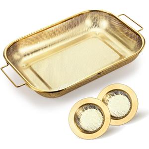 3 Pcs Gold over the Sink Colander and Strainer for Kitchen, Sink Strainer Basket, Collapsible Basket for Kitchen, Fruit Pasta Food Expandable Plastic Colander with Drain Stainless Steel
