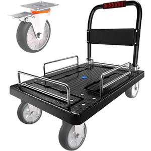 Platform Trucks Flatbed Cart Heavy Duty with Brake Wheels & Fence Foldable Hand Cart 1300lbs Capacity 36"x24" Moving Dolly for Furniture/Office/Groceries/Garage, Black