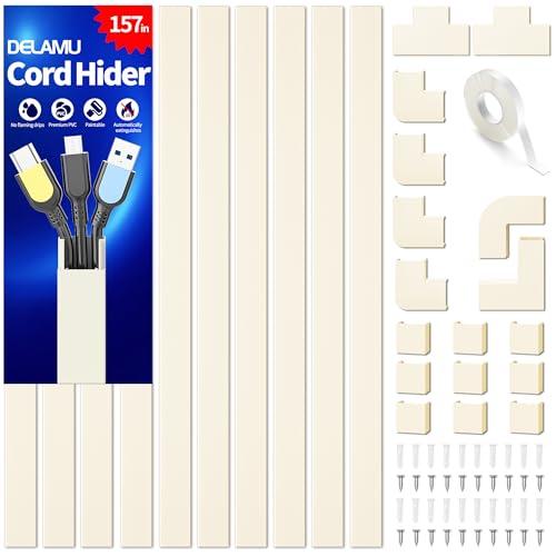 Cord Cover Wall, 157in Delamu Cord Hider Wall Mounted TV, Wire Covers for Cords Cable Management, Cable Raceway Cable Hider Concealer, Cable Cover Wire Hider to Hide Cords, 10XL15.7W0.95H0.55in Beige