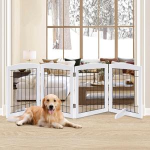 LZRS 4-Panel Freestanding Wooden Dog GateExtra Wide 30 Tall Foldable Pet Barrier with Support Feet, Solid Hardwood & Steel Wire Chew-Resistant Safety Gate for Doorways, Hallways, and Stairs, White