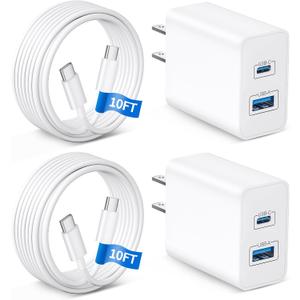 WODENTA iPhone 17 Charger, 2-Pack 45W Fast Charging Dual Port Type C Power Adapter, USB C Charger Block for iPhone 17/17 Pro/17 Pro Max/Air/17e/16/15 Pro Max/Plus, iPad with Long 10FT USB-C Cable Cord
