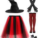 Halloween Witch Cosplay Costume for Women Witch Hat Layered Puffy Tutu Skirts Striped Tights Shoe Cover Gloves