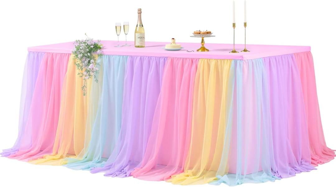 Wish Care Rainbow Tulle Tablecloth for 6 Foot Rectangle Tables Double Layer Tulle Tutu Desk Skirt Unicorn Ruffle Pastel Table Cloth Stretch Fitted Table Covers for Girls Birthday Baby Shower Party