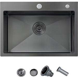 24x18 Gunmetal Black Small Kitchen Sink, Drop In 16 Gauge Stainless Steel Single Bowl Sinks, Topmount Wet Bar RV Prep Utility Sink with Drain