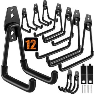 QcoQce 12 Pack Garage Hooks Heavy Duty, Wall Mount Utility Hooks with Extension Cord Straps, Anti-Slip Coating for Bike, Ladder, Hose, Garage Organization, Includes Screws (Black)