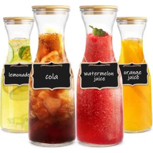 Set of 4 Circular Glass Carafe, 1 Liter Beverage Serveware Carafe with Bamboo Lid, Water Bottles, Clear Glass Pitchers for Mimosa Bar, Milk, Juice, Lemonade(4 Bottles)