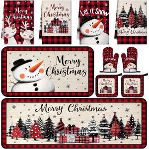 10 Pcs Christmas Kitchen Decor Set Oven Mitts and Pot Holders Xmas Kitchen Dish Towels Winter Snowman Rugs and Mats for Chef Baking Cooking Grilling BBQ Women Mom Gift (Red and Black)