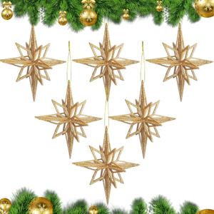 Soulchen 6 Pcs Gold Christmas Bethlehem Star Ornaments - 7.5'' Glitter Moravian Star for Christmas Tree Vintage Ornament for Xmas Tree Garland Holiday Party Decorations
