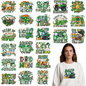 Rngmsi Dtf Transfers Ready to Press - 24 Pcs St. Patrick's Day Iron on Patches for T-Shirts, Lucky Shamrock Iron on Stickers Clover Heat Transfer Vinyl Decals for DIY Fabric Clothes Decor