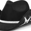 Keilin Rhinestone Cowgirl Hat Disco Cowboy Hat Felt Western Nashville Bachelorette Party Hat for Teens and Adults (6 3/4-7 3/8, Black)