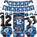 Vlipoeasn Blue 12th Birthday Decorations for Boys, Video Game Level 12 Banner Backdrop Hanging Swirls for 12th Birthday Party, Gamer 12 Years Old Party Supplies