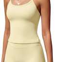 SUUKSESS Women 2 Piece Workout Sets High Waisted Tummy Control Biker Shorts Halter Padded Tank Tops (Yellow, S)