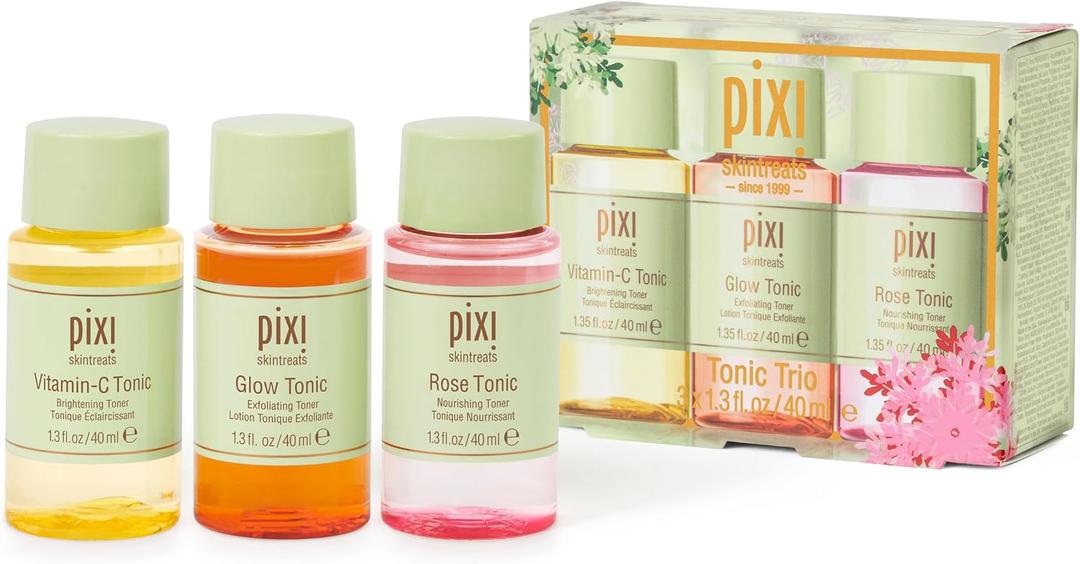 Pixi Beauty Tonic Trio | Holiday Edition Gift Set with 3 Pixi Favorite Tonics | Glow Tonic, Vitamin- C Tonic, Rose Tonic | Calming, Hydrating, Gentle Exfoliating and Smoothing