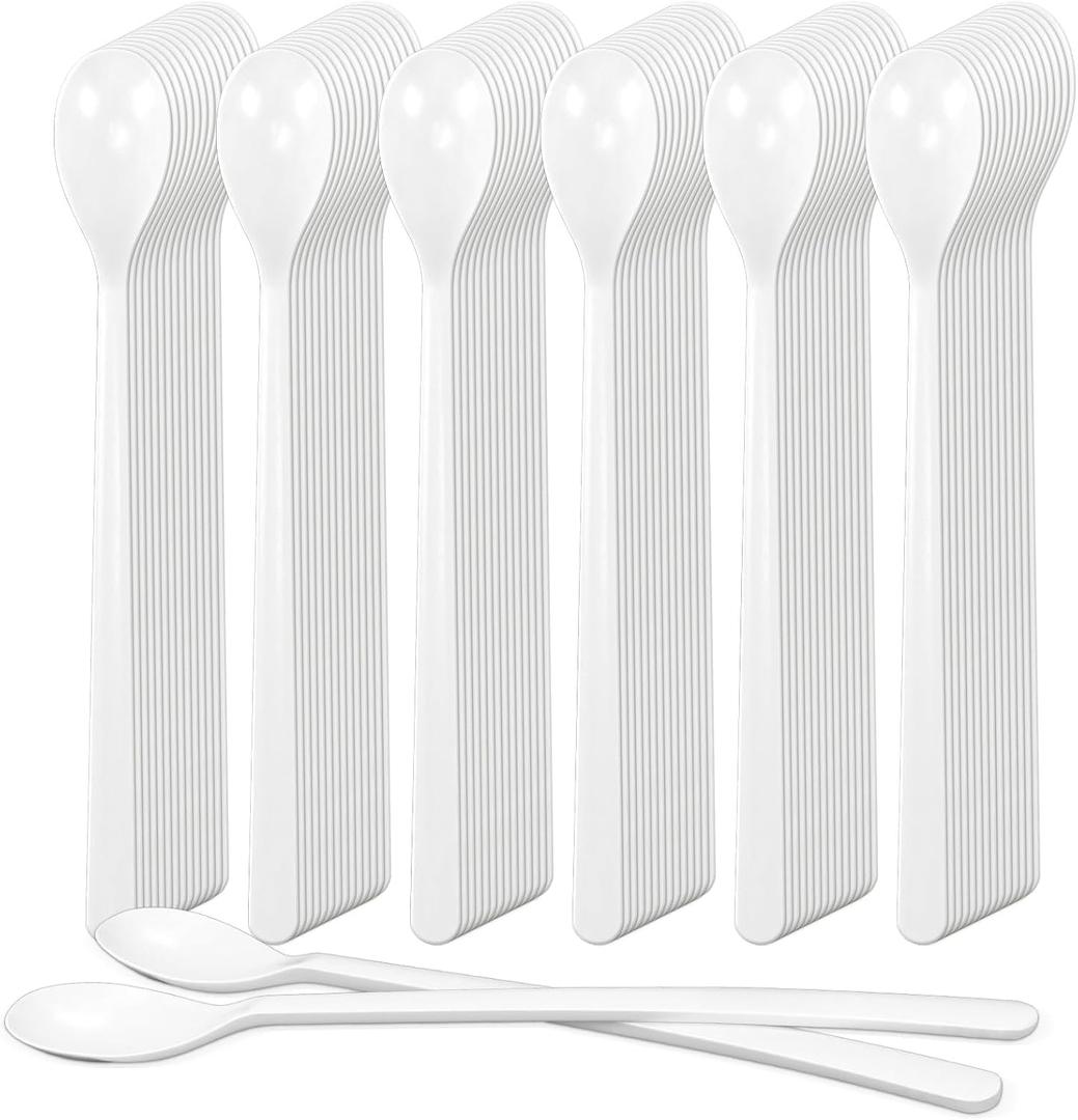Long Handle Plastic Spoons, 100 Count Heavy Duty Disposable Sundae Spoons for Ice Cream Floats, Milkshakes, BPA-Free Bulk Utensils (White)
