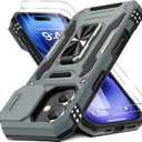 DEERLAMN Case for iPhone 17 6.3-Inch with Slide Camera Cover + Screen Protector (2 Packs), Rotated Ring Kickstand Military Grade Shockproof Protective Cover-Grey