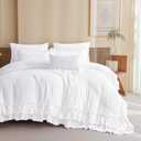 QSH Bright White Shabby Boho Chic Ruffled Comforter King Size,3PCs Farmhouse French Country Ruffle King Bed Comforter Vintage Rustic Bedding Comforter Set Ultra Soft Lightweight Microfiber Fluffy Bed